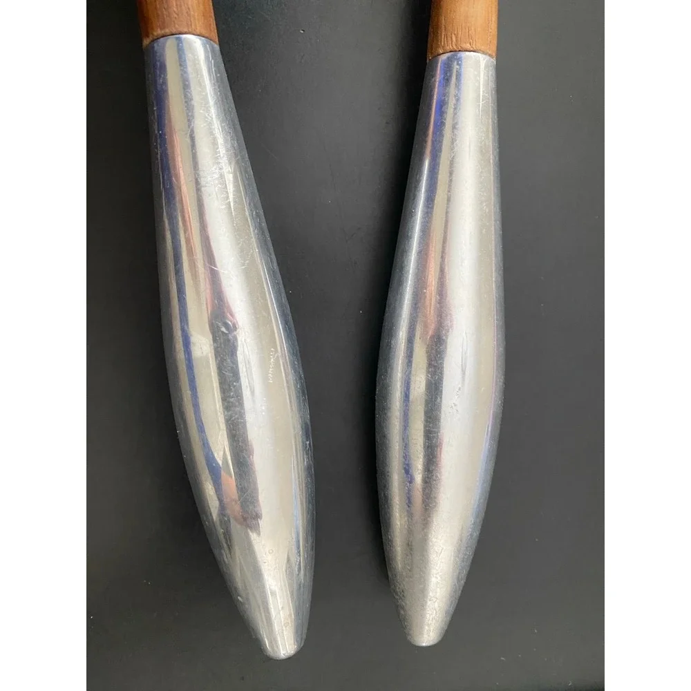 Heavy Wood & Metal Serving Spoons Set Vintage Possibly Nambe K3